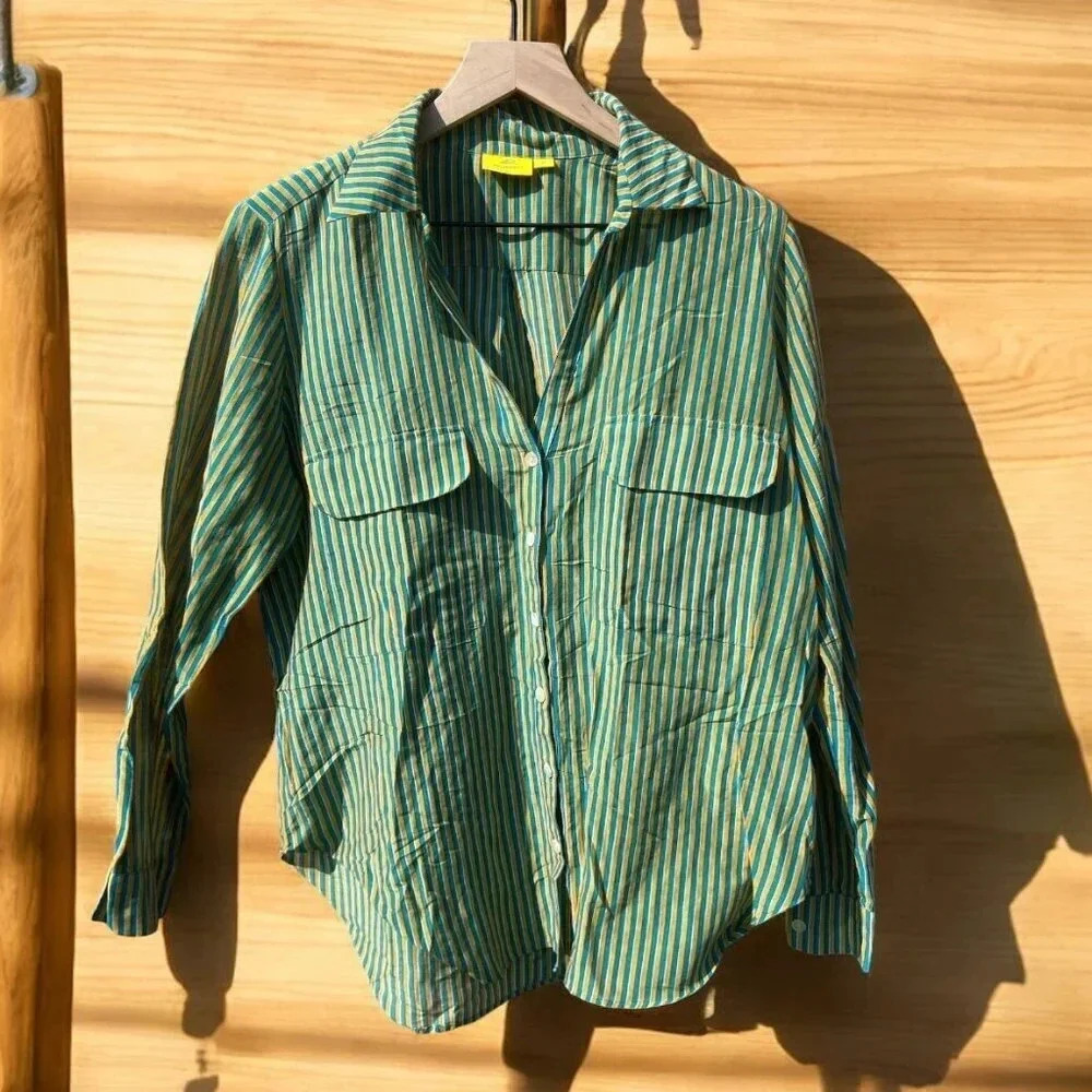 Roller Rabbit Green and Turquoise Button Down Blouse, Medium